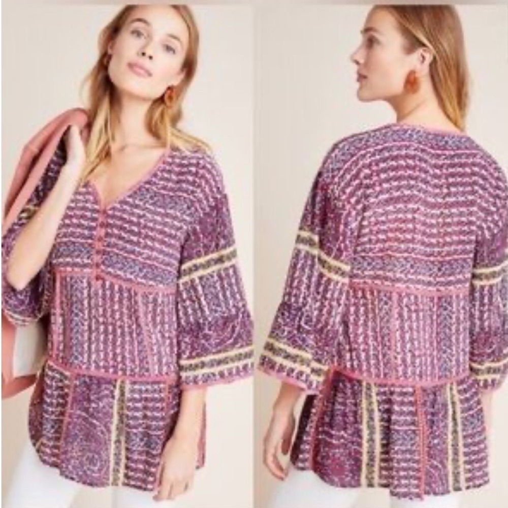 Maeve Anthropologie Baby Doll Boho Tunic Top Pink Purple Bell Sleeve XSP